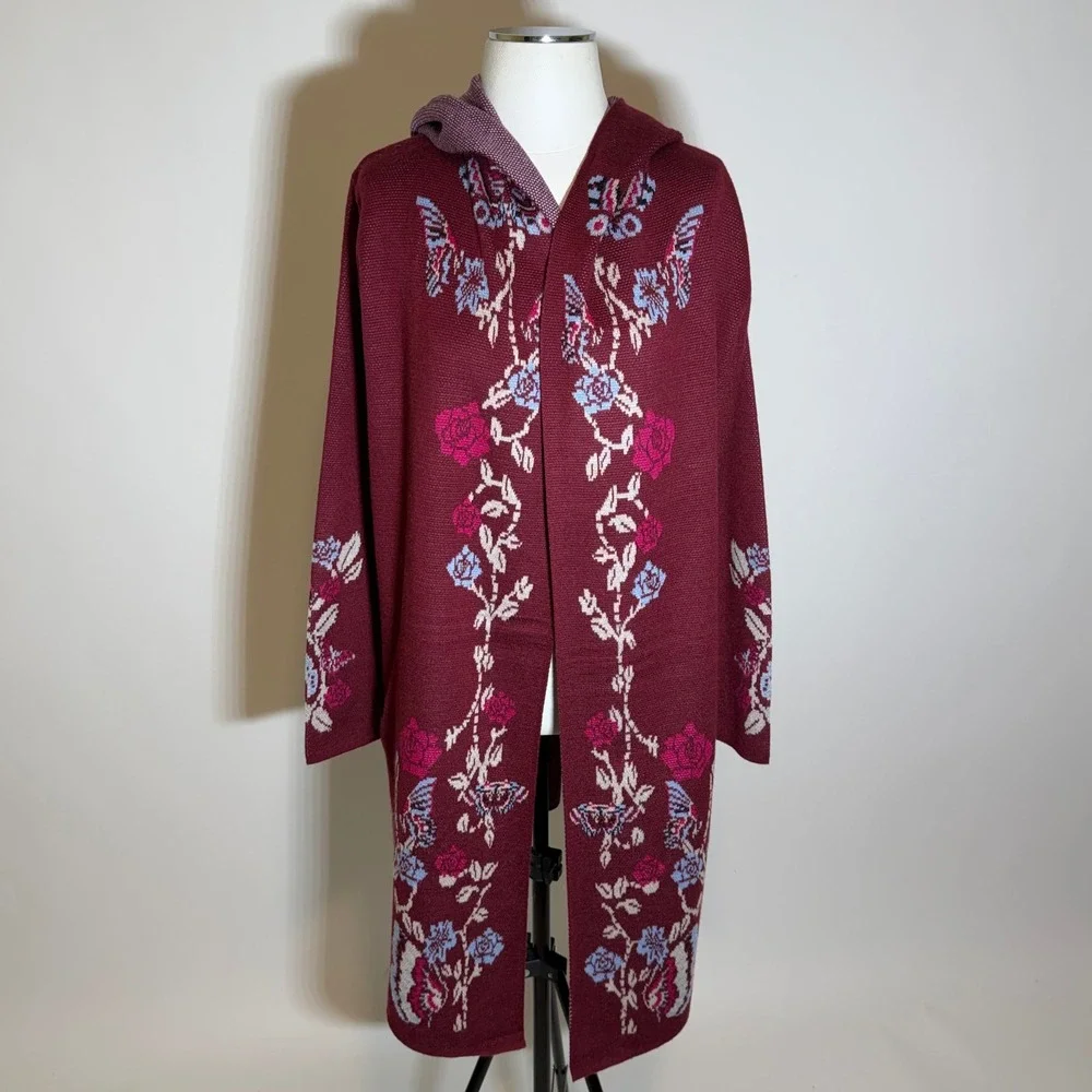 NWD Max Sport Burgundy Butterfly Open Front Hooded Cardigan Duster Womens Medium